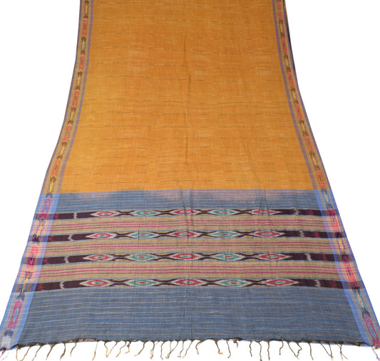 Sushila Vintage Mustard Scrap Saree Pure Cotton Handwoven Ikat Sari Craft Fabric