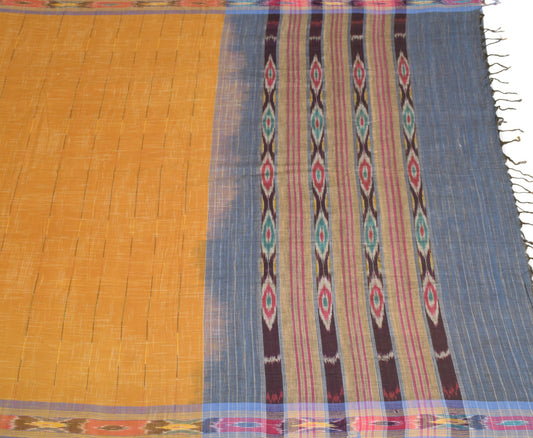Sushila Vintage Mustard Scrap Saree Pure Cotton Handwoven Ikat Sari Craft Fabric