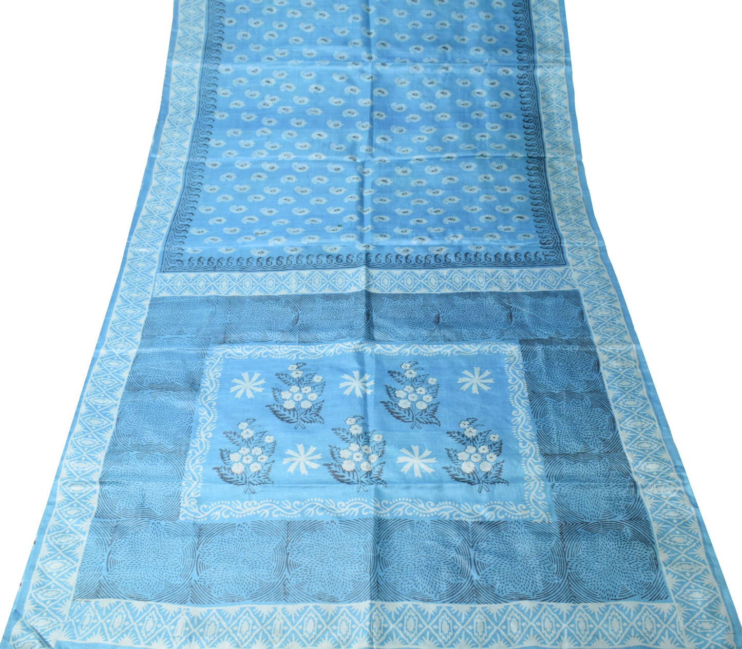 Sushila Vintage Turquoise Blue Scrap Saree Pure Silk Printed Sari Fabric