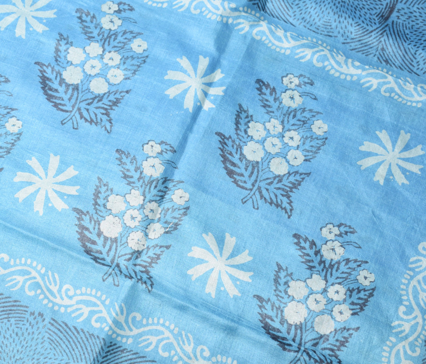 Sushila Vintage Turquoise Blue Scrap Saree Pure Silk Printed Sari Fabric