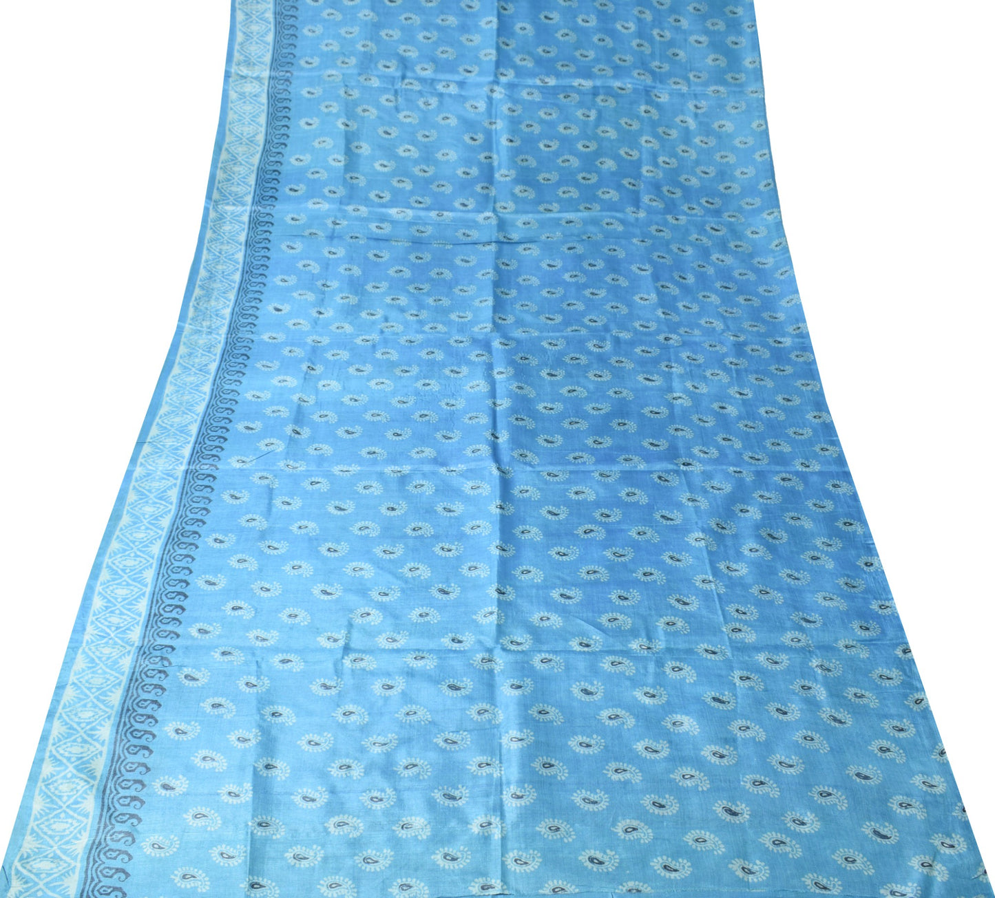 Sushila Vintage Turquoise Blue Scrap Saree Pure Silk Printed Sari Fabric
