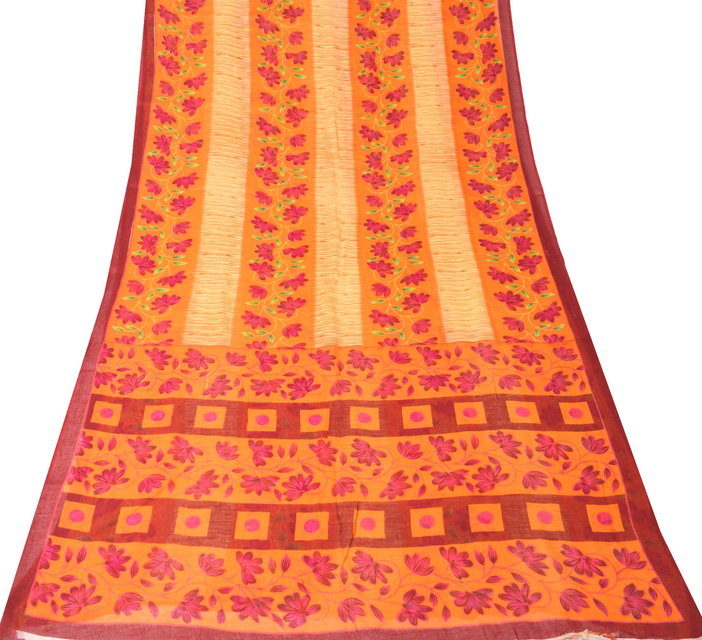 Sushila Vintage Orange Scrap Saree Pure Cotton Printed Floral Sari Craft Fabric