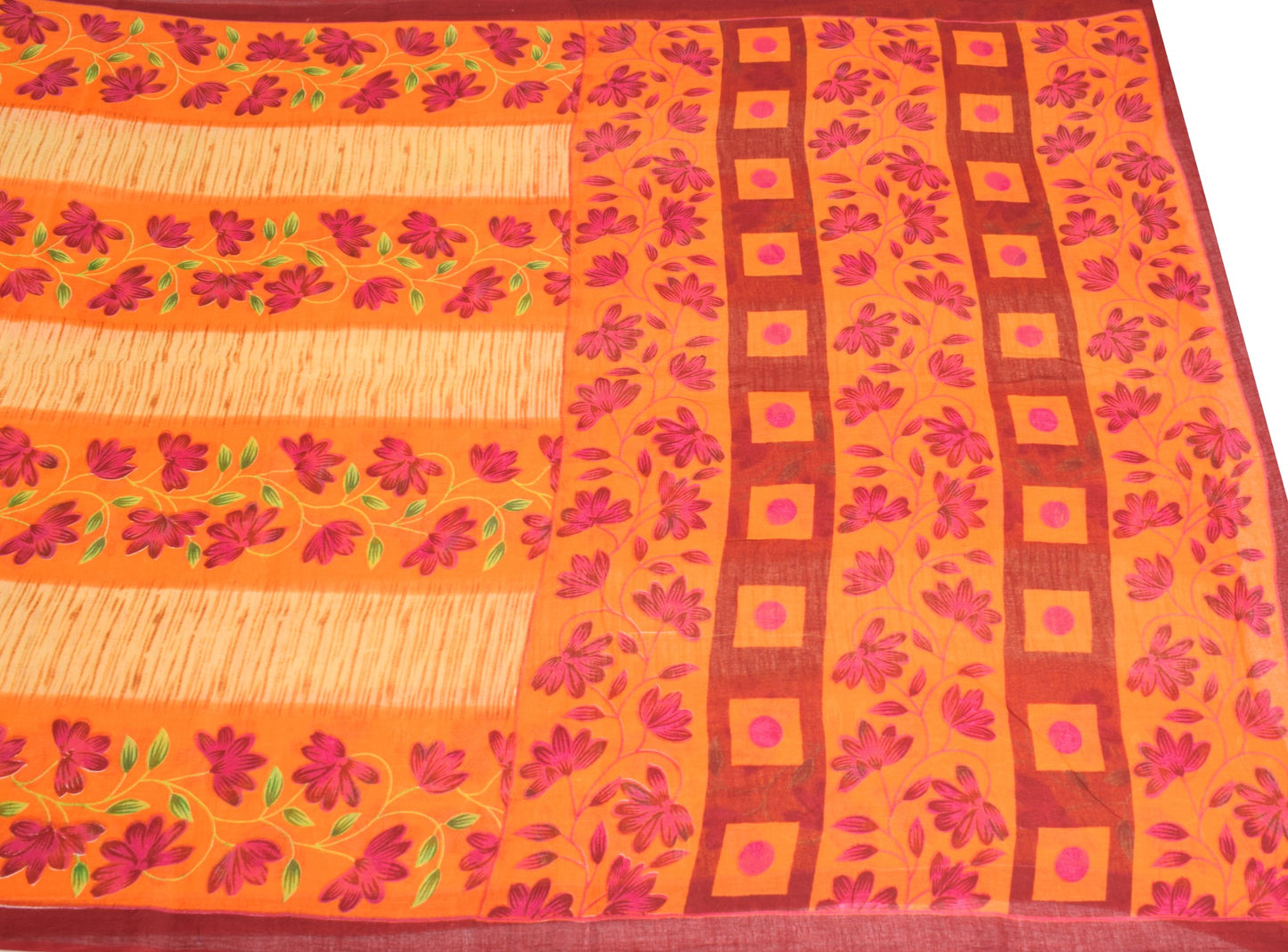 Sushila Vintage Orange Scrap Saree Pure Cotton Printed Floral Sari Craft Fabric
