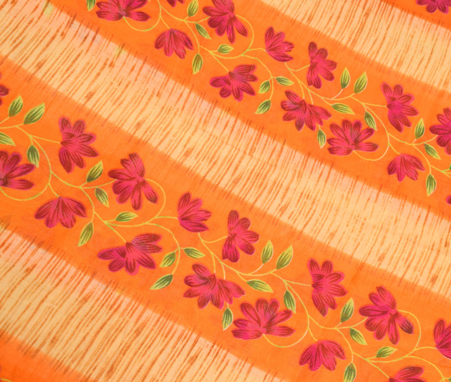 Sushila Vintage Orange Scrap Saree Pure Cotton Printed Floral Sari Craft Fabric