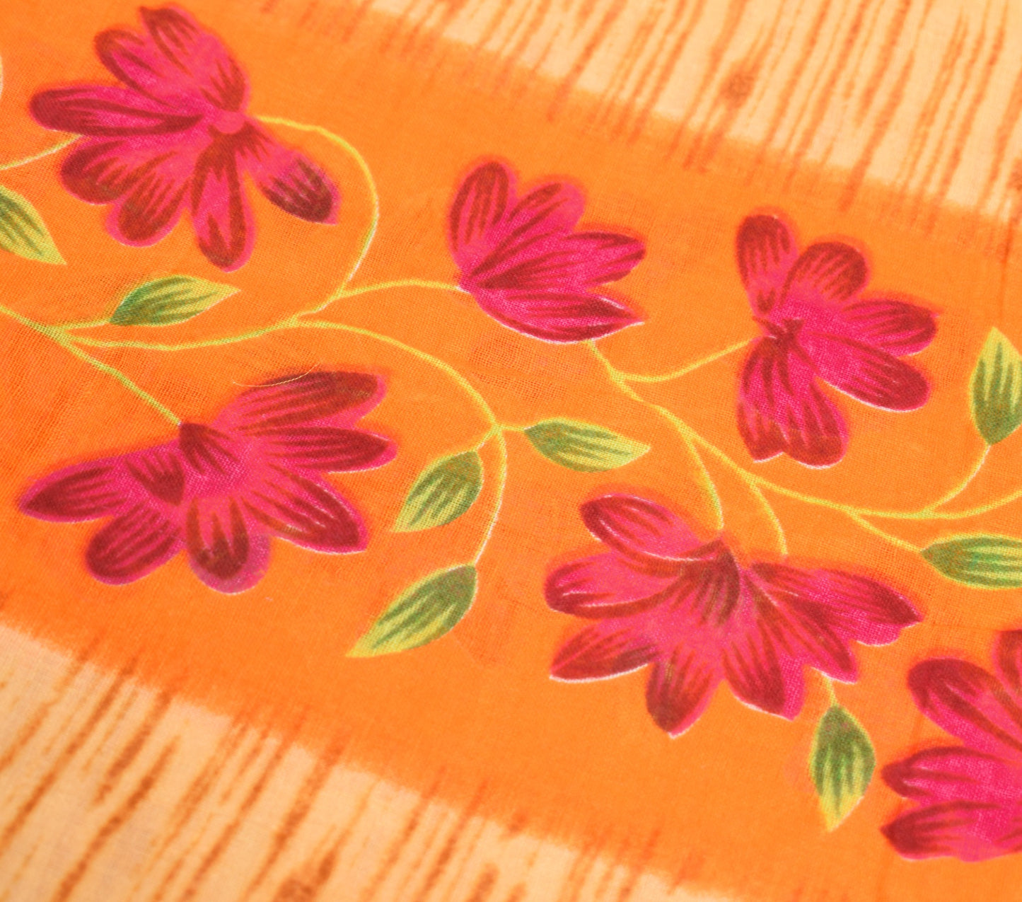 Sushila Vintage Orange Scrap Saree Pure Cotton Printed Floral Sari Craft Fabric