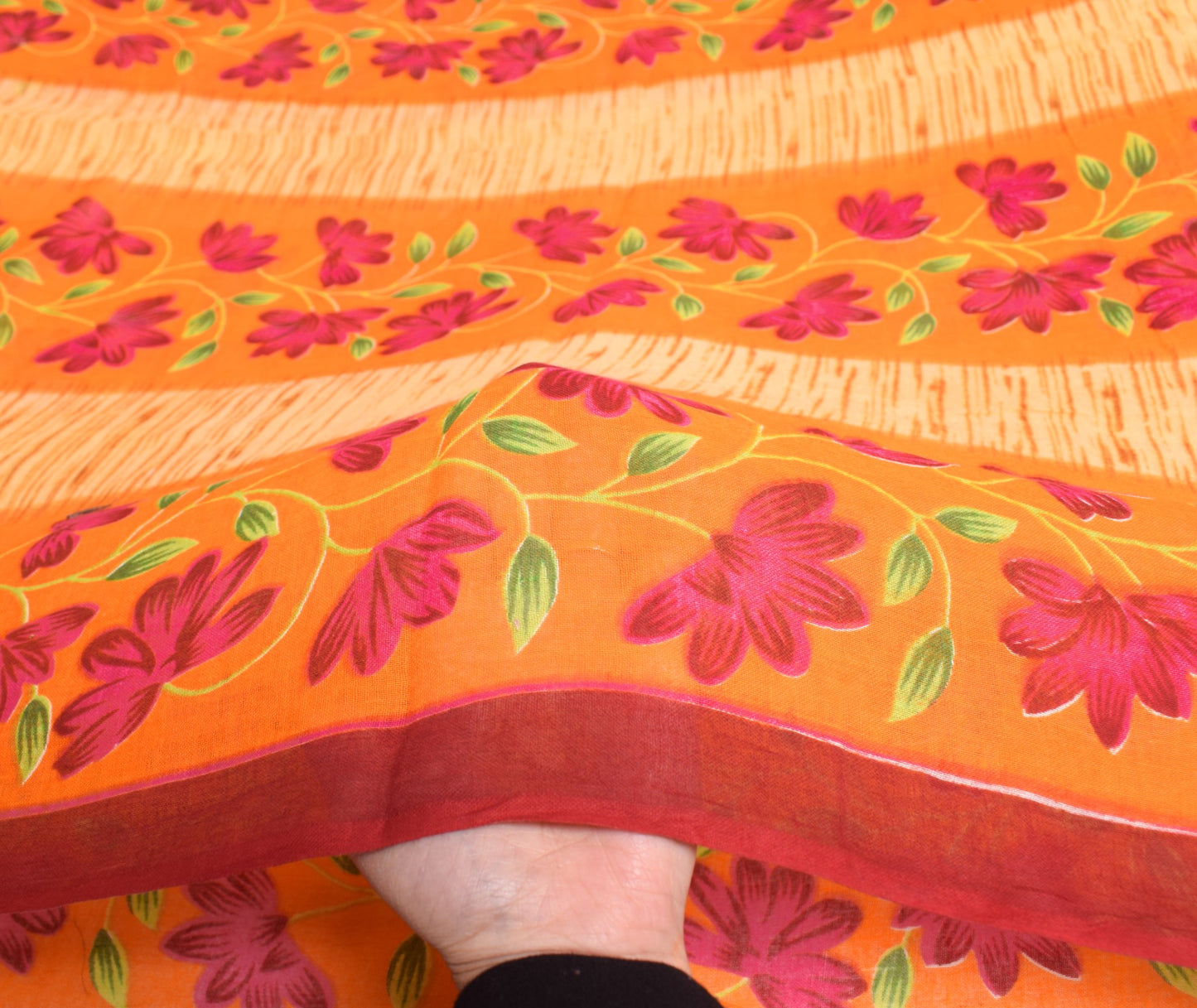 Sushila Vintage Orange Scrap Saree Pure Cotton Printed Floral Sari Craft Fabric