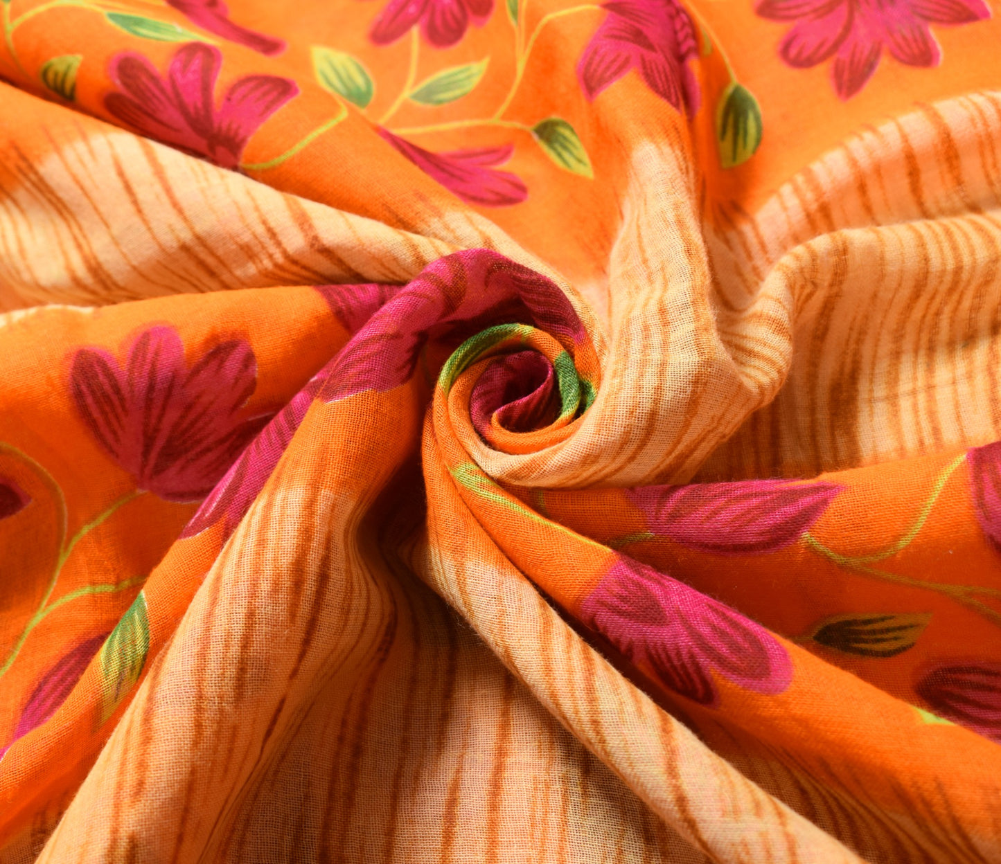 Sushila Vintage Orange Scrap Saree Pure Cotton Printed Floral Sari Craft Fabric