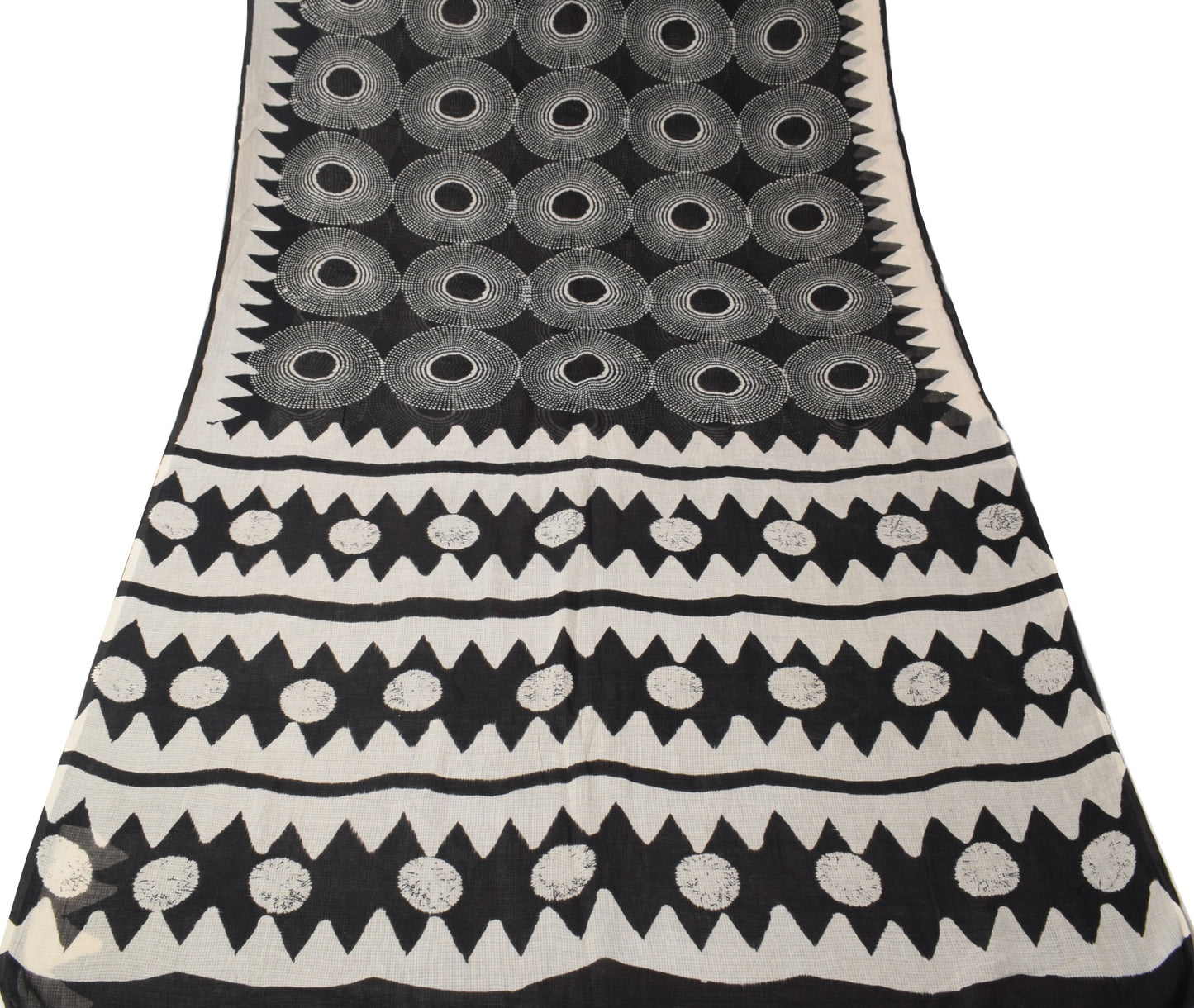 Sushila Vintage Cream & Black Scrap Saree Pure Cotton Circle Printed Sari Fabric