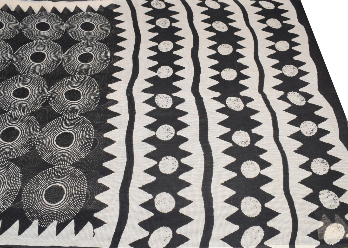 Sushila Vintage Cream & Black Scrap Saree Pure Cotton Circle Printed Sari Fabric
