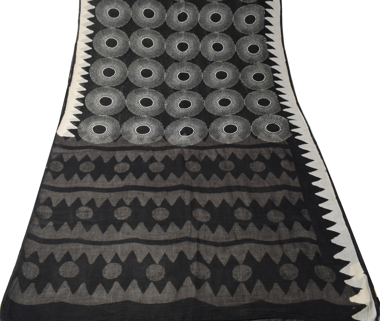 Sushila Vintage Cream & Black Scrap Saree Pure Cotton Circle Printed Sari Fabric