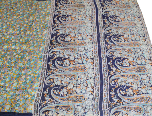 Sushila Vintage Floral Yellow Scrap Saree Pure Silk Printed Sari 5YDCraft Fabric