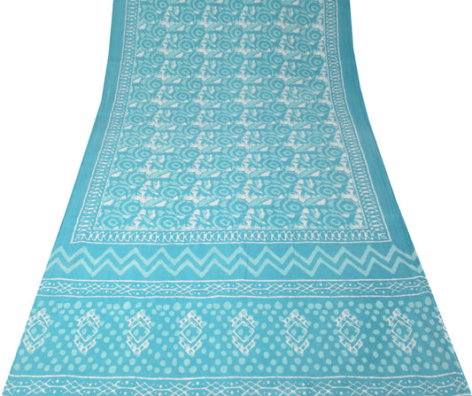 Sushila Vintage Block Print Scrap Saree Pure Cotton Aqua Blue Sari Craft Fabric