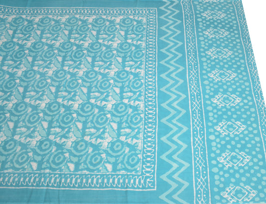 Sushila Vintage Block Print Scrap Saree Pure Cotton Aqua Blue Sari Craft Fabric