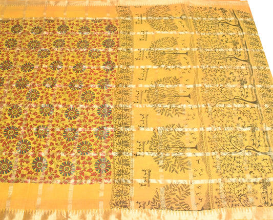 Sushila Vintage Kalamkari Printed Scrap Saree Pure Cotton Yellow Sari Fabric