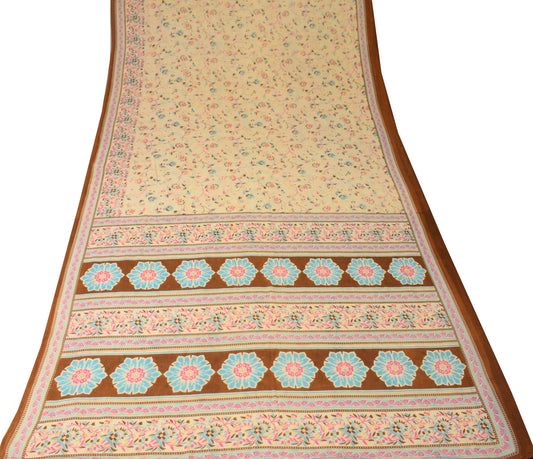 Sushila Vintage Cream Scrap Saree Pure Cotton Printed Floral Sari Remnant Fabric