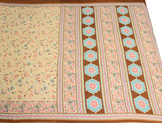 Sushila Vintage Cream Scrap Saree Pure Cotton Printed Floral Sari Remnant Fabric