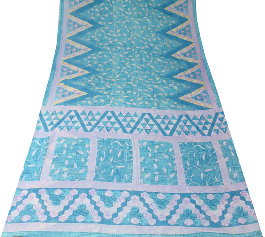 Sushila Vintage Turquoise Blue Scrap Saree Pure Cotton Print Floral Sari Fabric