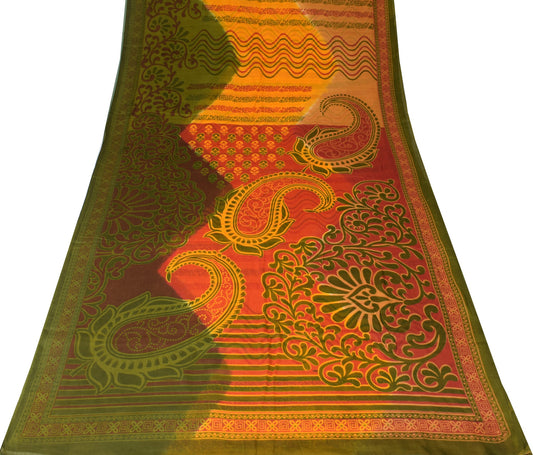 Sushila Vintage Orange Green Scrap Saree Pure Cotton Printed Floral Sari Fabric