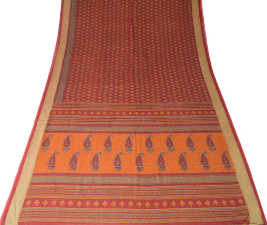 Sushila Vintage Red Scrap Saree Pure Silk Printed Floral Remnant Sari Fabric