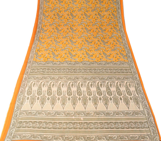 Sushila Vintage Paisley Printed Scrap Saree Pure Cotton Orange Sari Craft Fabric