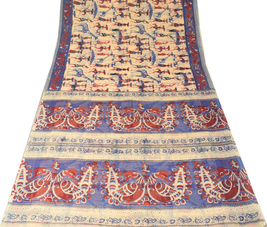 Sushila Vintage Kalamkari Print Scrap Saree Pure Cotton Handmade 5Yd Sari Fabric