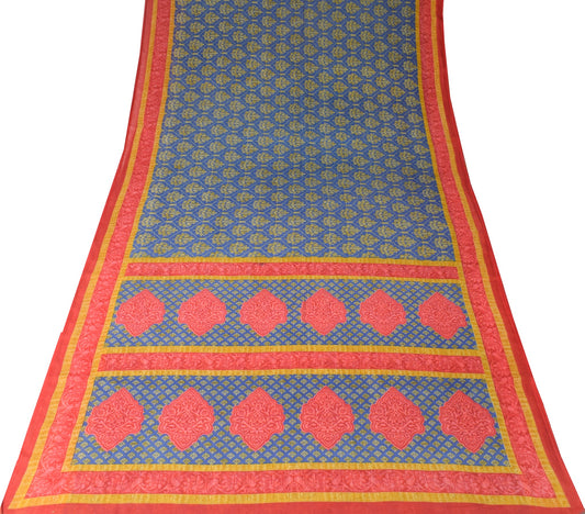 Sushila Vintage Floral Blue Scrap Saree Pure Cotton Printed Remnant Sari Fabric