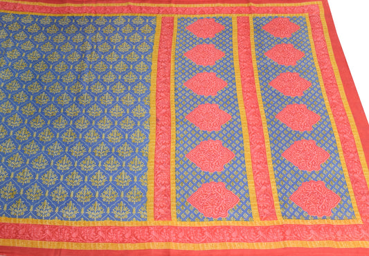 Sushila Vintage Floral Blue Scrap Saree Pure Cotton Printed Remnant Sari Fabric