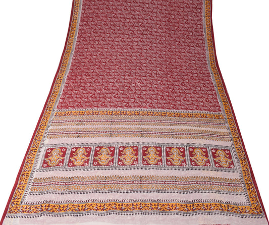 Sushila Vintage Maroon Scrap Saree Pure Cotton Printed Hand Block Sari Fabric