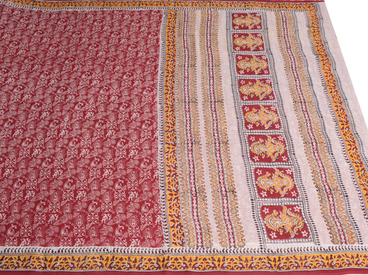 Sushila Vintage Maroon Scrap Saree Pure Cotton Printed Hand Block Sari Fabric