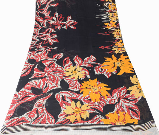 Sushila Vintage Black Scrap Saree Pure Cotton Floral Printed Sari Remanet Fabric