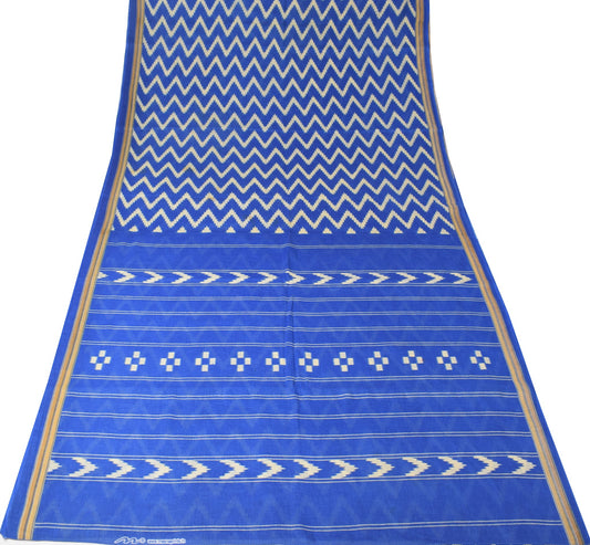 Sushila Vintage Blue Scrap Saree Pure Cotton Printed Zig-Zag Sari Remnant Fabric