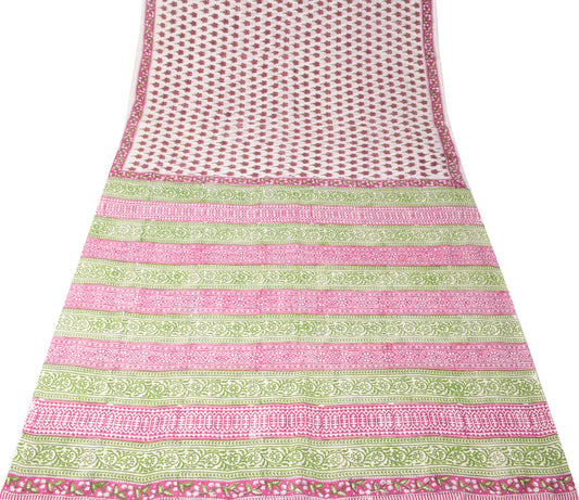 Sushila Vintage White Scrap Saree Pure Cotton Print Hand Block Sari Craft Fabric