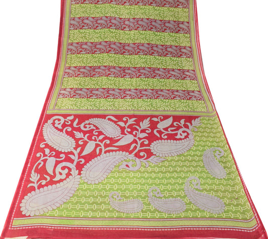 Sushila Vintage Green Maroon Scrap Saree Pure Silk Printed Floral Sari Fabric