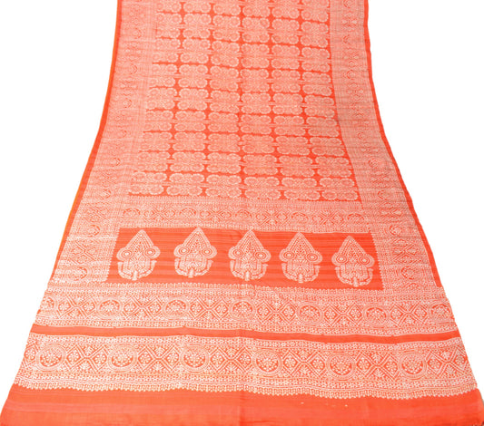 Sushila Vintage Orange Scrap Saree Pure Silk Printed Hand Block Sari CraftFabric