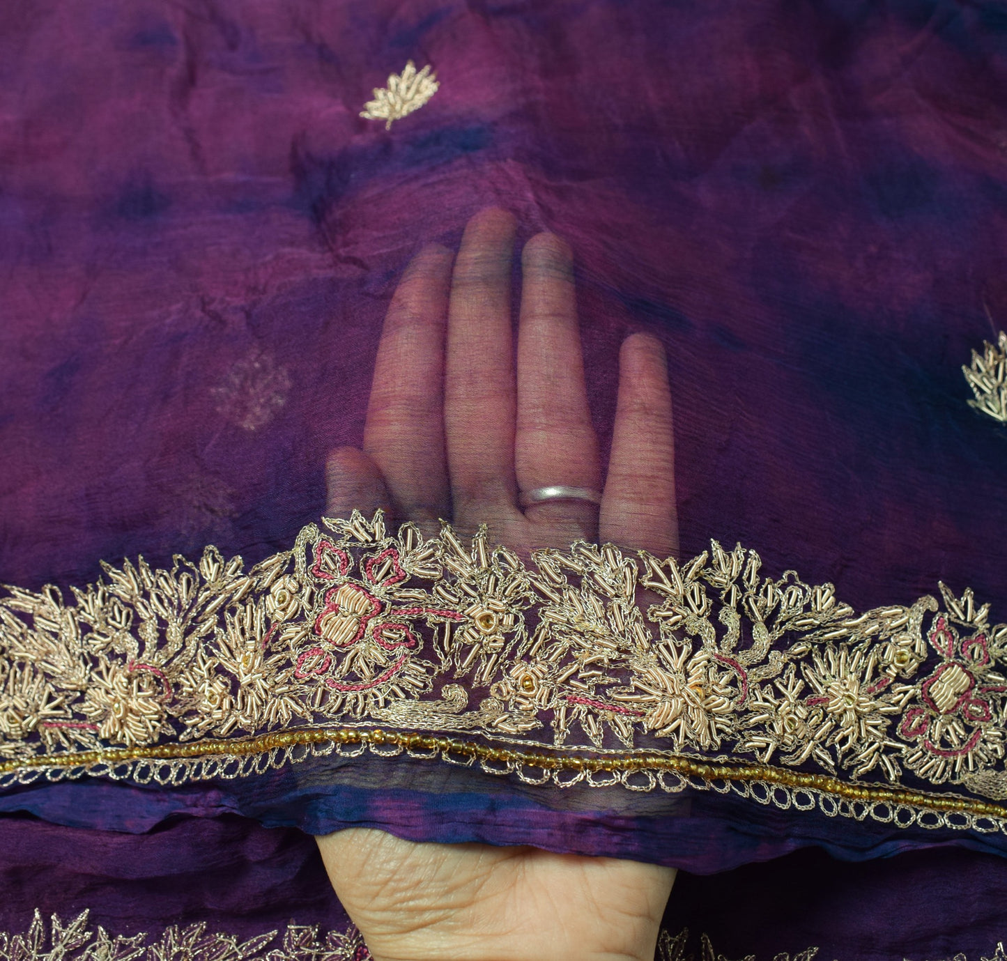 Sushila Vintage Handmade Scrap Dupatta Purple Pure Chiffon Tie-Dye Long Stole