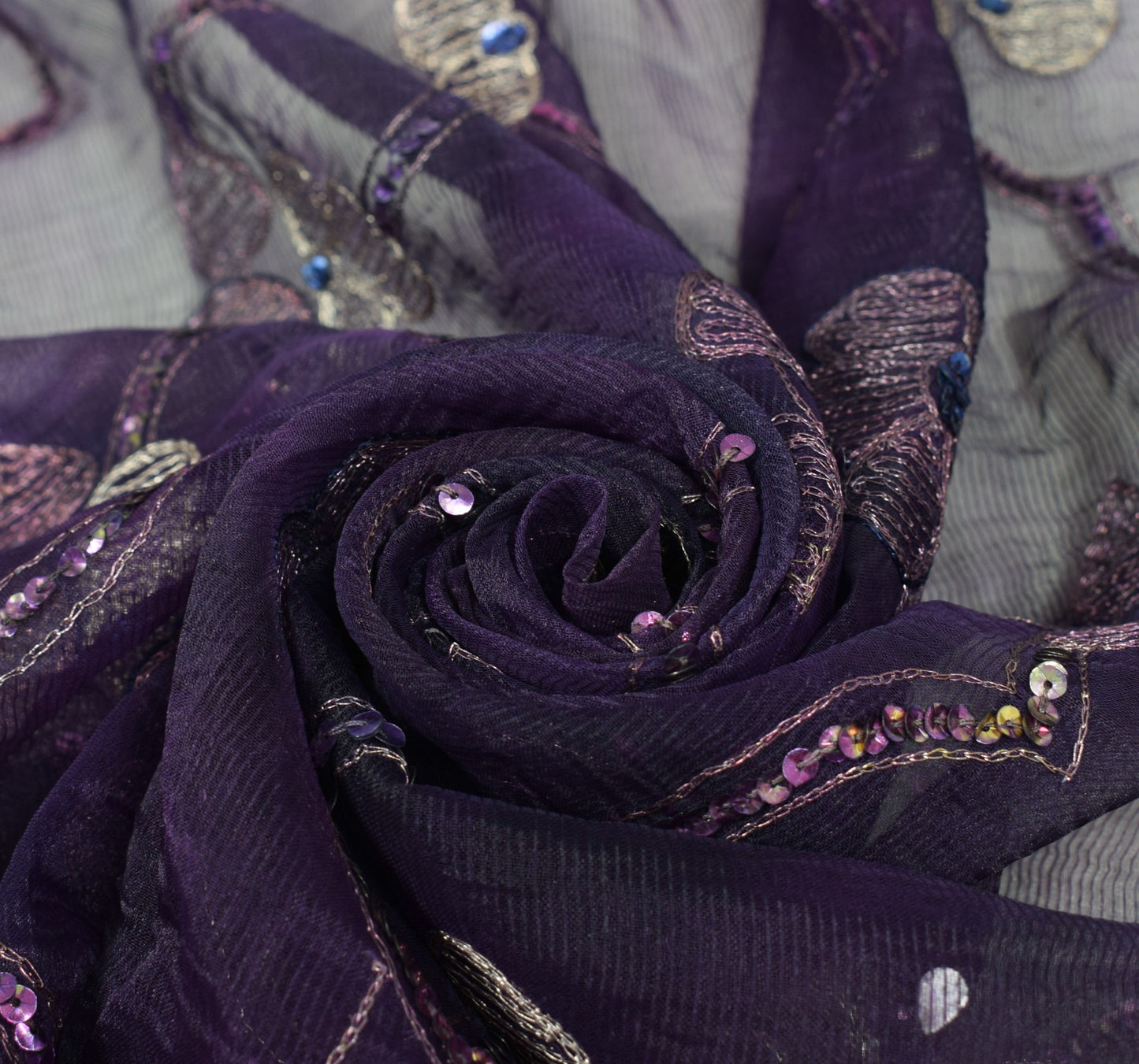 Sushila Vintage Purple Scrap Dupatta Art Silk Sequins Embellish Sheer Stole