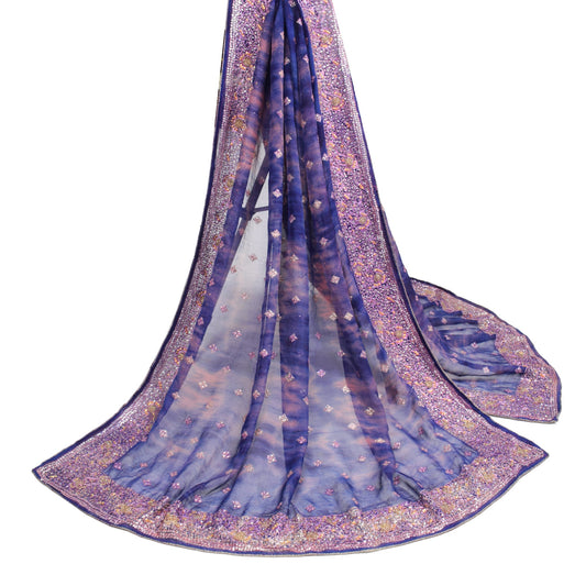 Sushila Vintage Blue Tie-Dye Scrap Dupatta Pure Georgette Embroidered Long Stole