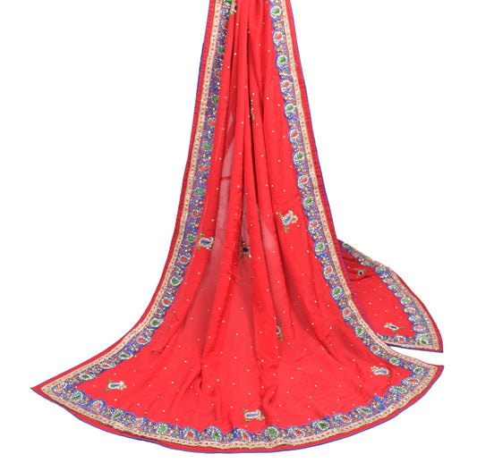 Sushila Vintage Red Scrap Dupatta Pure Chiffon Hand Beaded Paisley Long Stole