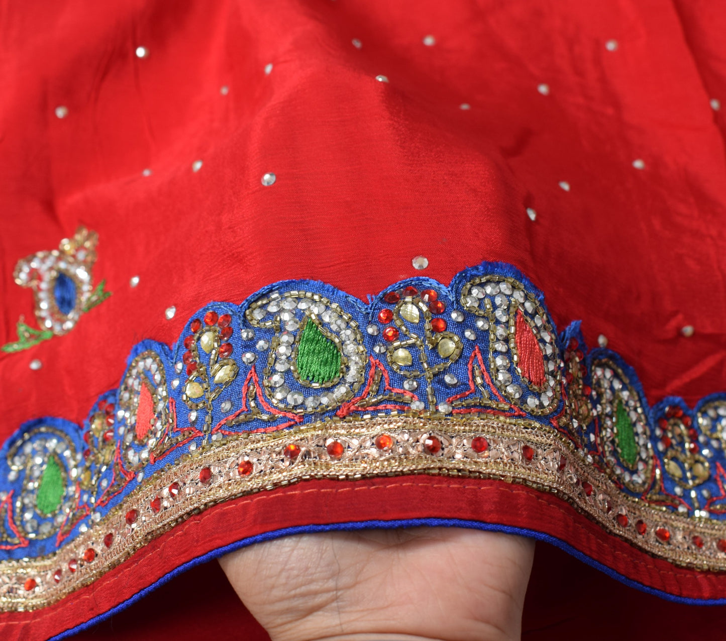 Sushila Vintage Red Scrap Dupatta Pure Chiffon Hand Beaded Paisley Long Stole
