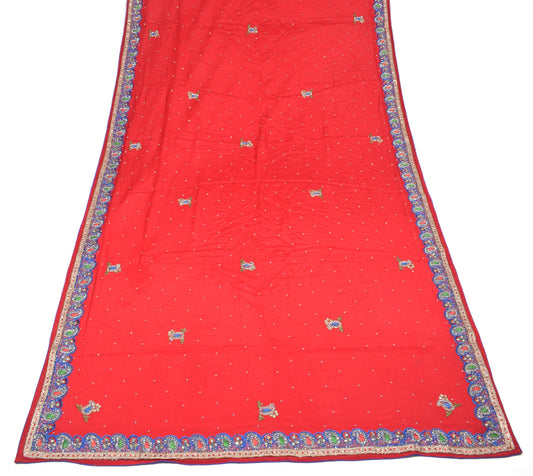 Sushila Vintage Red Scrap Dupatta Pure Chiffon Hand Beaded Paisley Long Stole