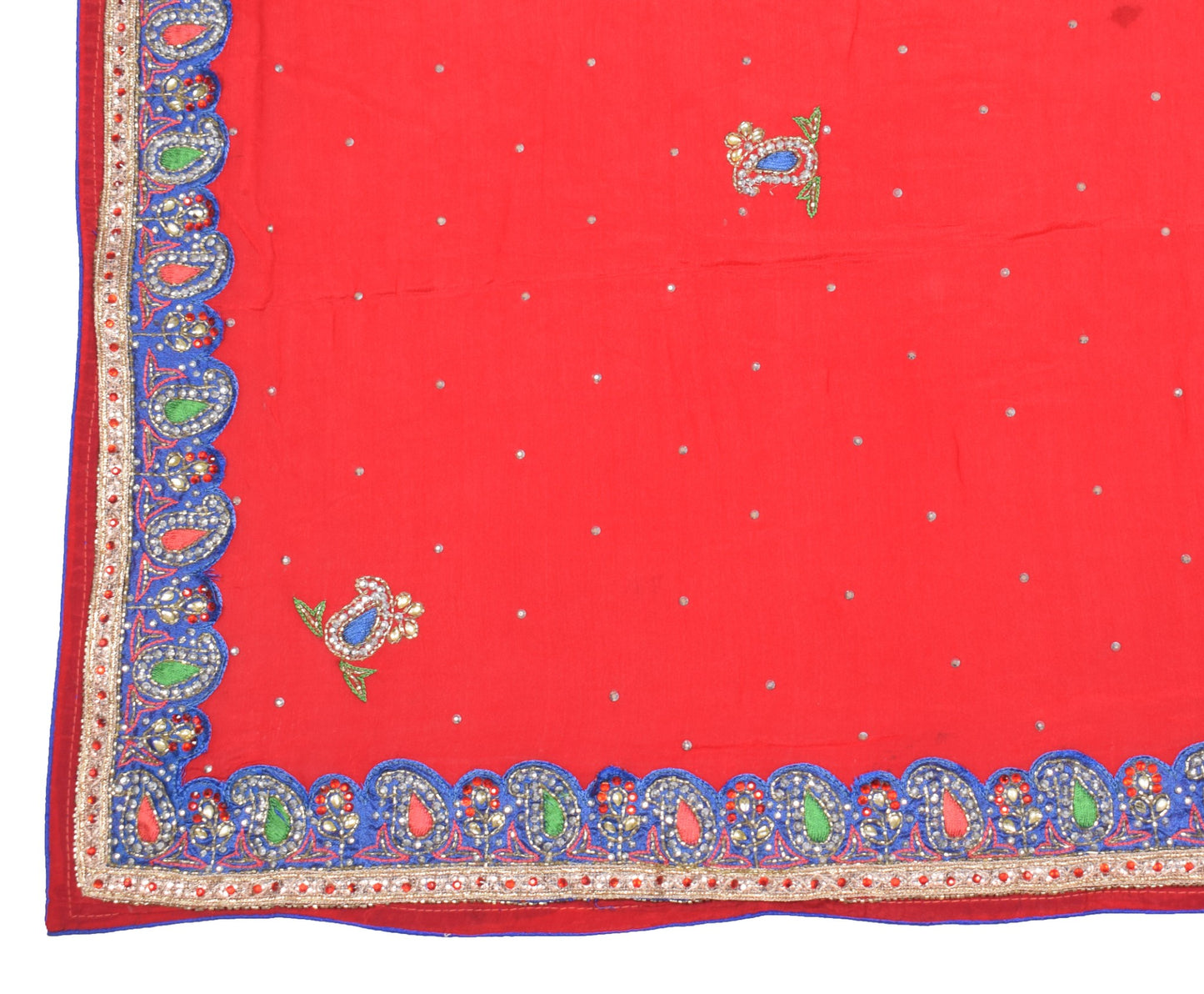 Sushila Vintage Red Scrap Dupatta Pure Chiffon Hand Beaded Paisley Long Stole