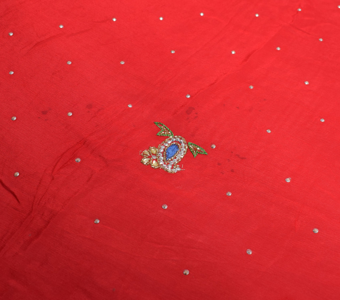Sushila Vintage Red Scrap Dupatta Pure Chiffon Hand Beaded Paisley Long Stole