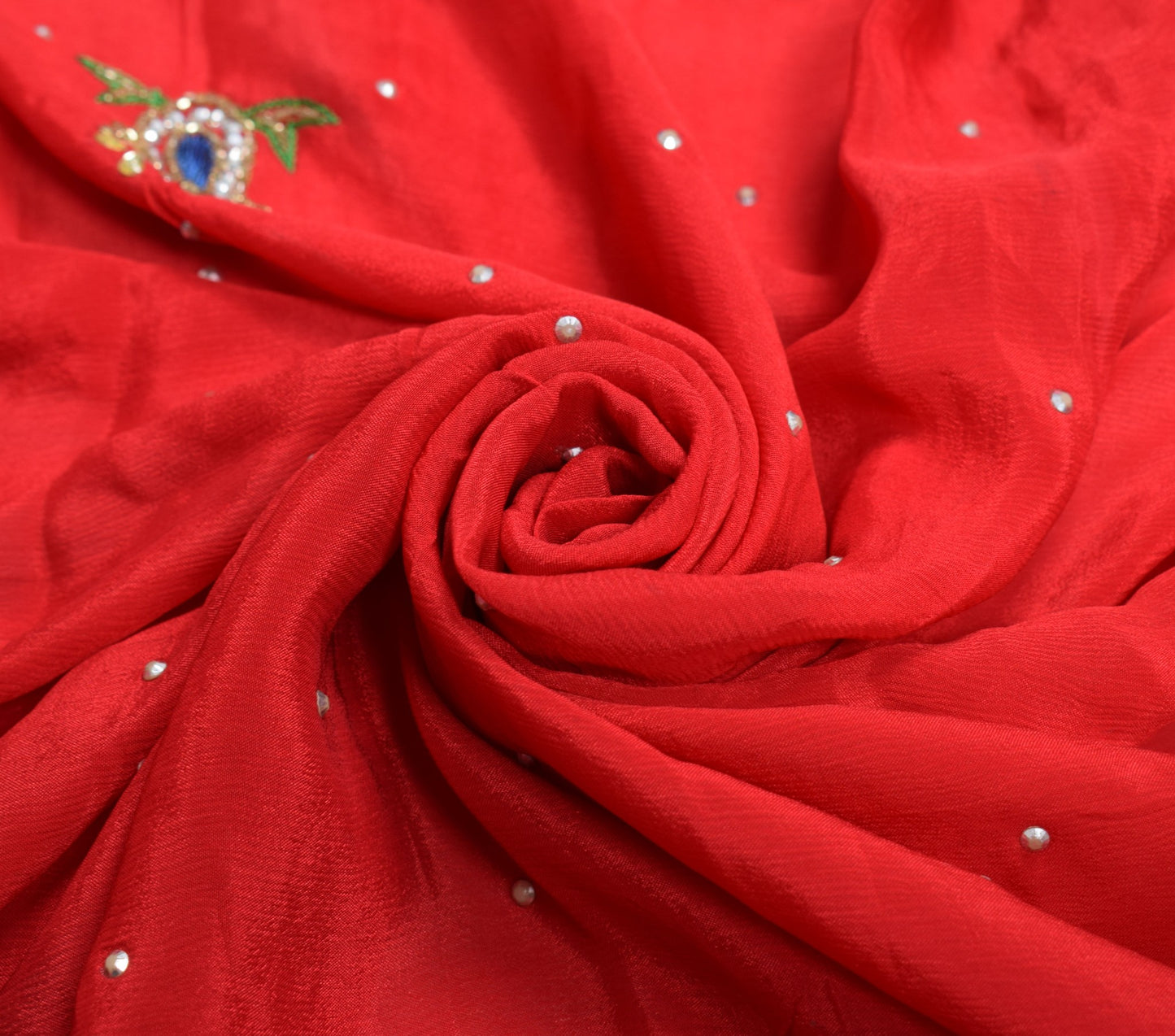 Sushila Vintage Red Scrap Dupatta Pure Chiffon Hand Beaded Paisley Long Stole