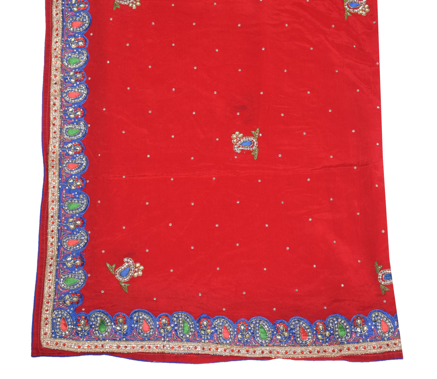 Sushila Vintage Red Scrap Dupatta Pure Chiffon Hand Beaded Paisley Long Stole