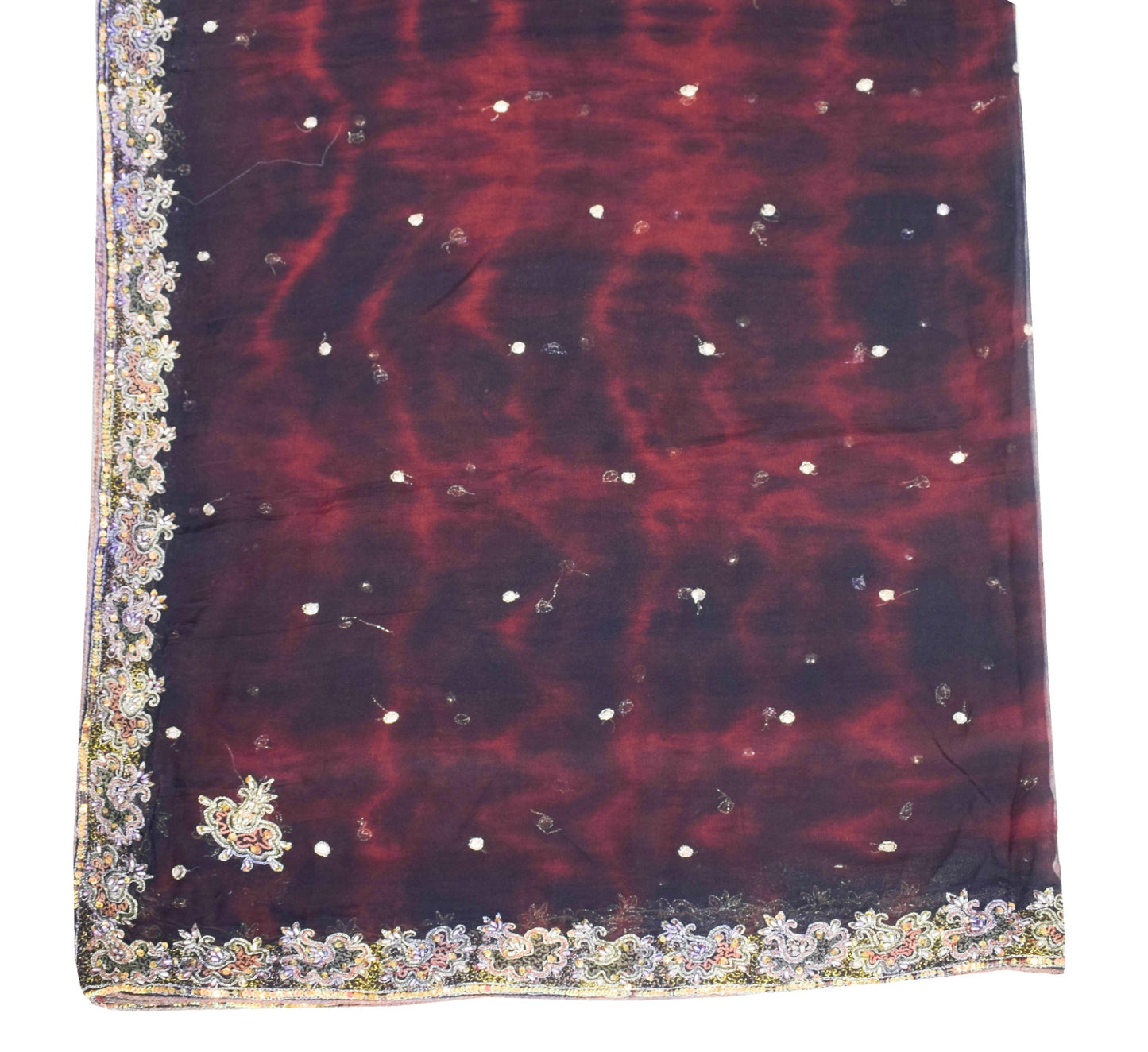 Sushila Vintage Maroon Tie-Dye Scrap Dupatta Embroidered Pure Chiffon Long Stole