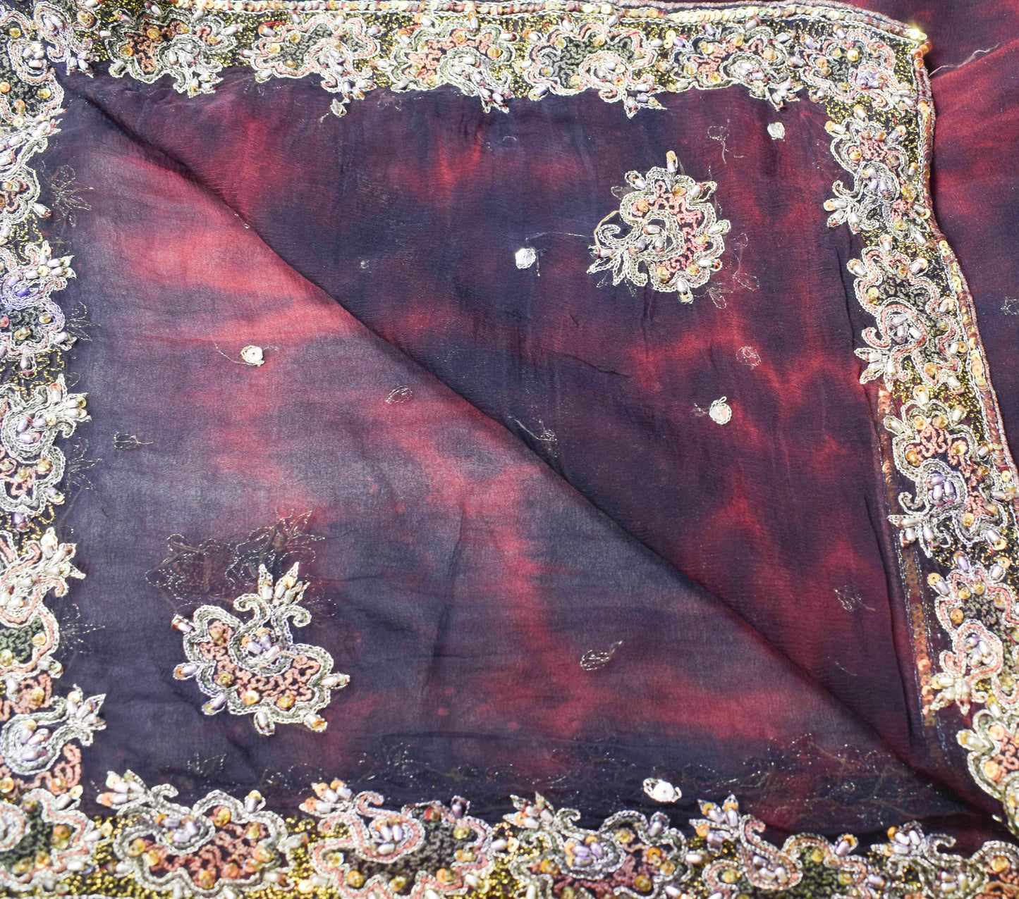 Sushila Vintage Maroon Tie-Dye Scrap Dupatta Embroidered Pure Chiffon Long Stole