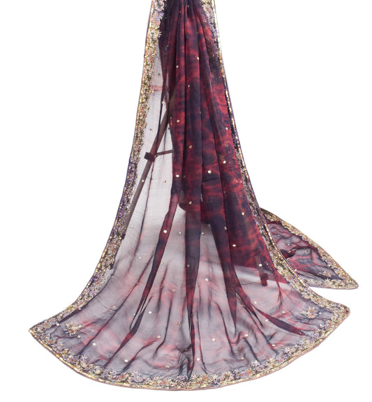 Sushila Vintage Maroon Tie-Dye Scrap Dupatta Embroidered Pure Chiffon Long Stole
