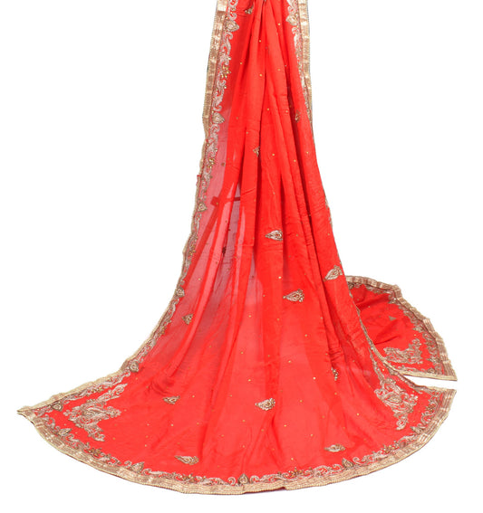 Sushila Vintage Red Wedding Scrap Dupatta Pure Chiffon Embroidered Long Stole