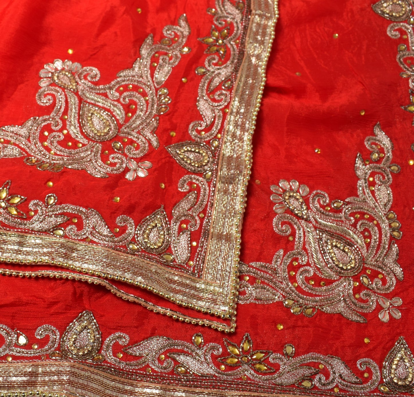 Sushila Vintage Red Wedding Scrap Dupatta Pure Chiffon Embroidered Long Stole