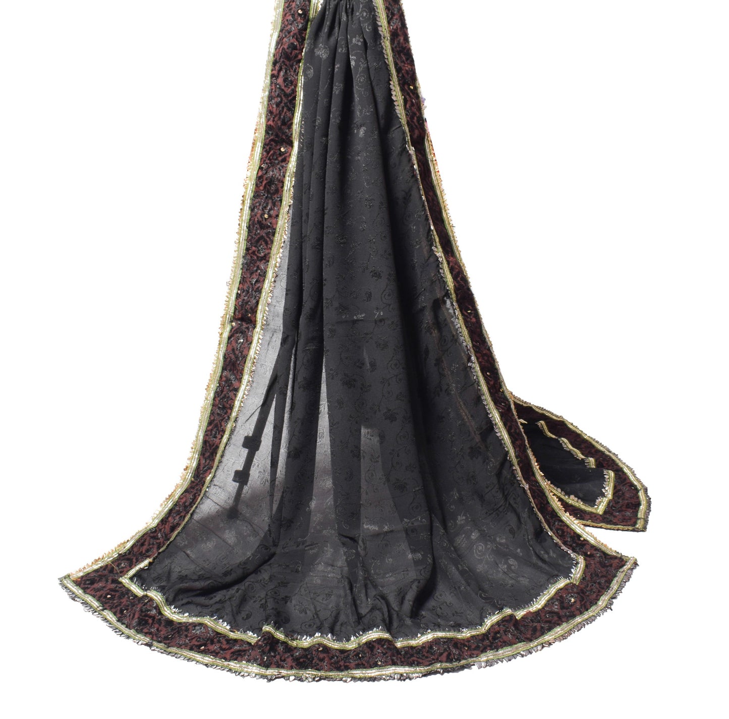Sushila Vintage Self Woven Scrap Dupatta Black Pure Silk Floral Long Stole Wrap